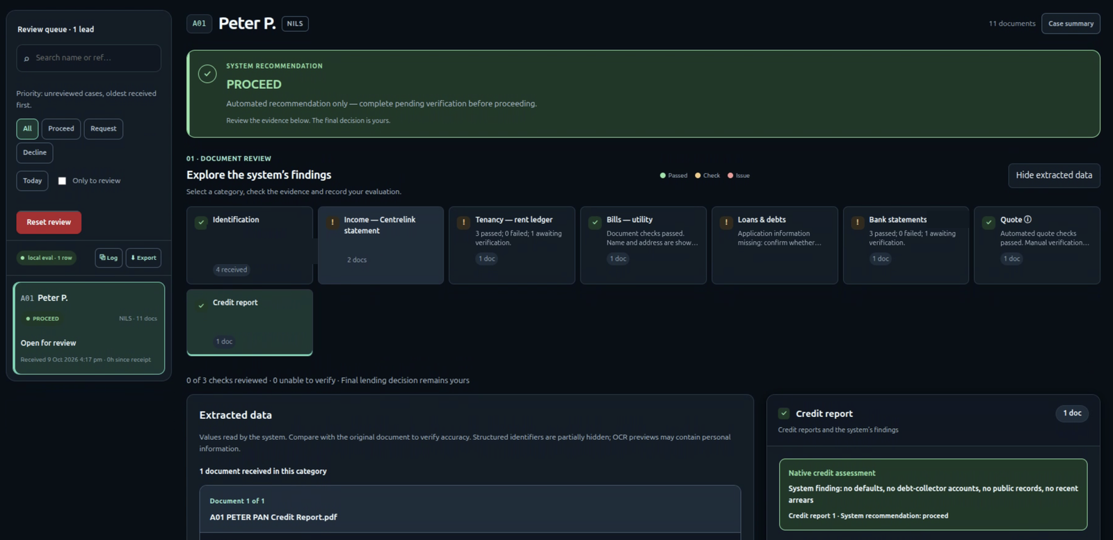 Caseworker review console showing the system's triage recommendation with cited reasons